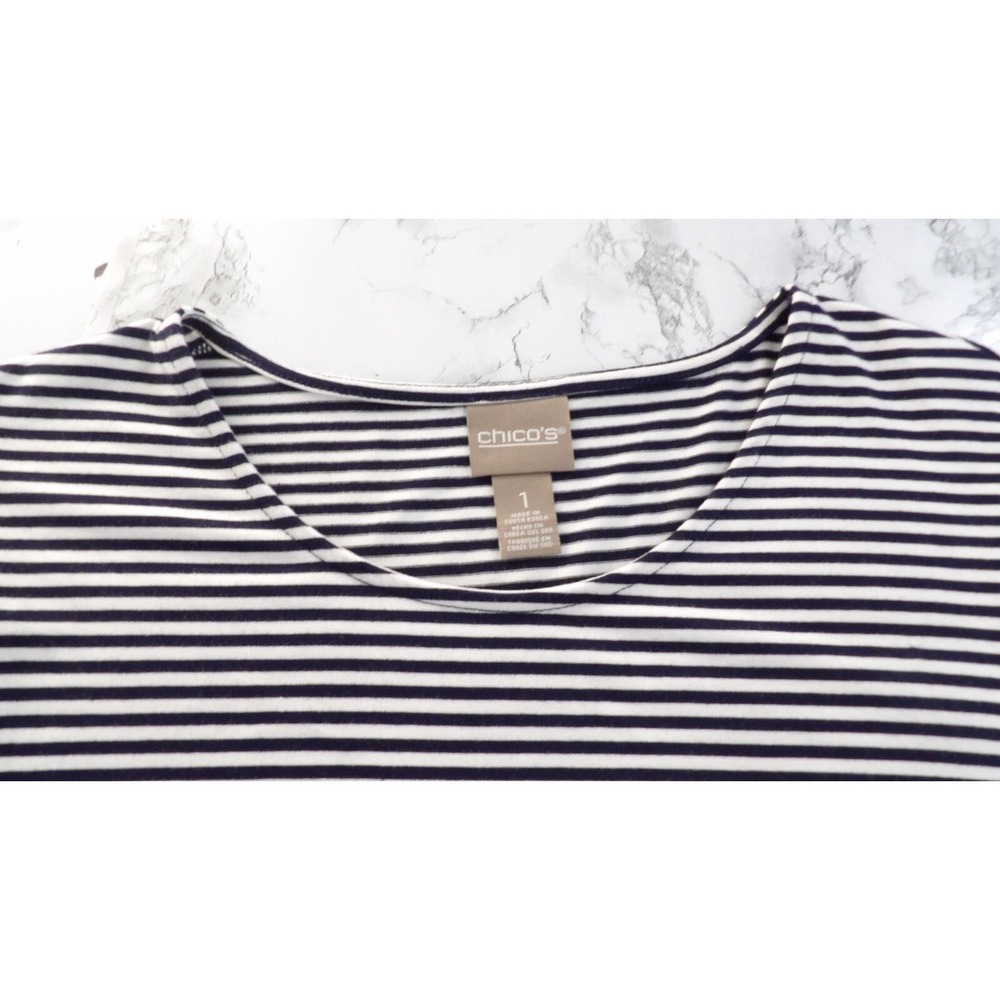 New Chico's Supremely Soft Flutter-Sleeve Mini Striped Blue‎ White Womens 1 US M - Picture 10 of 12